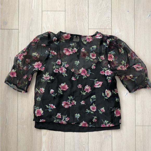 Forever 21 Floral Puff Sleeve Sheer Chiffon Top in Black Size S - Picture 8 of 9